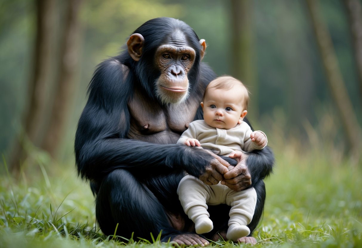 A chimpanzee gently holding a human baby outdoors in a calm and natural setting.