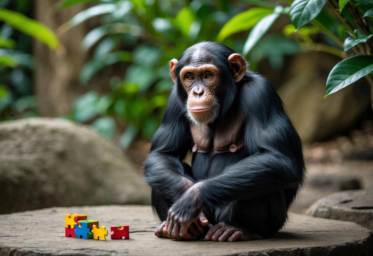 A chimpanzee sitting thoughtfully among green plants, looking directly at the camera with a curious expression.