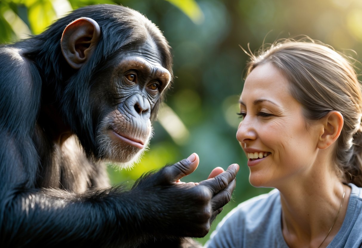 A chimpanzee gently touching the hand of a smiling adult human outdoors surrounded by green plants.