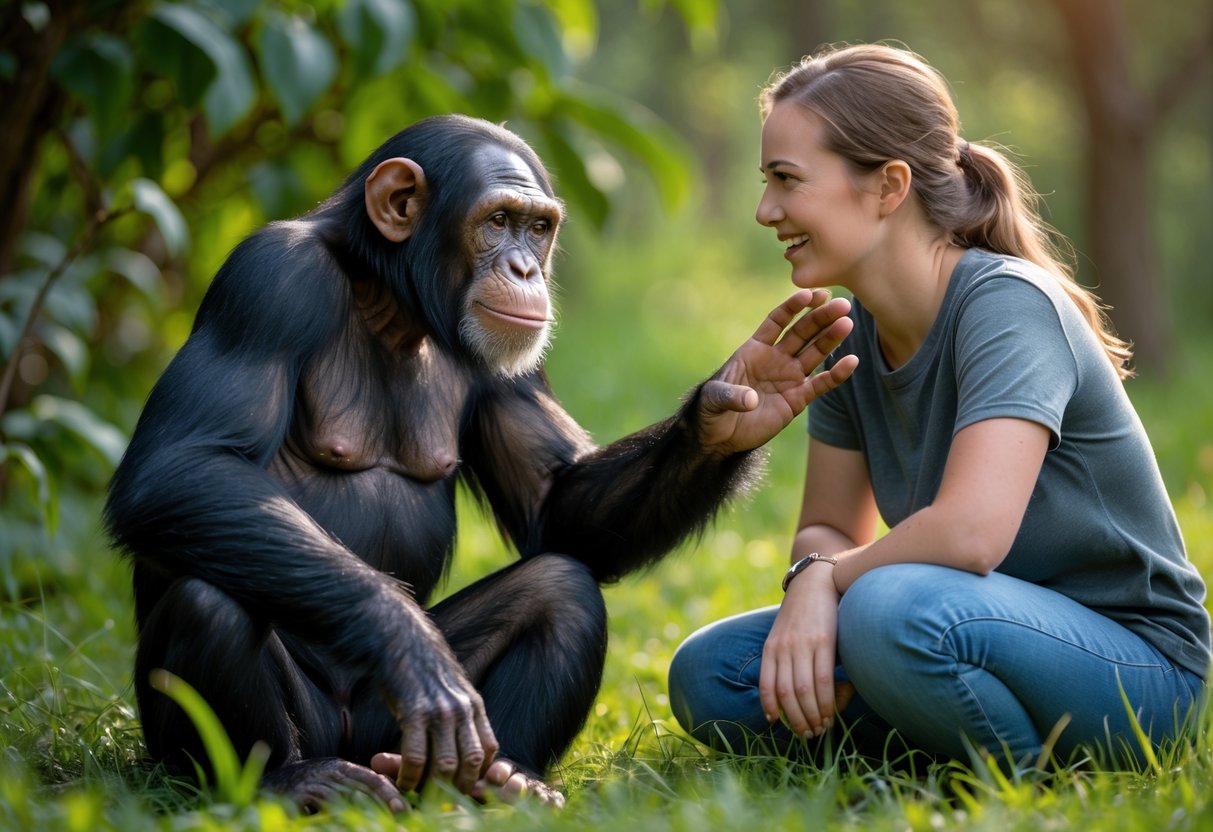 A chimpanzee and a human sitting close together outdoors, gently reaching out to touch hands and sharing a calm moment.