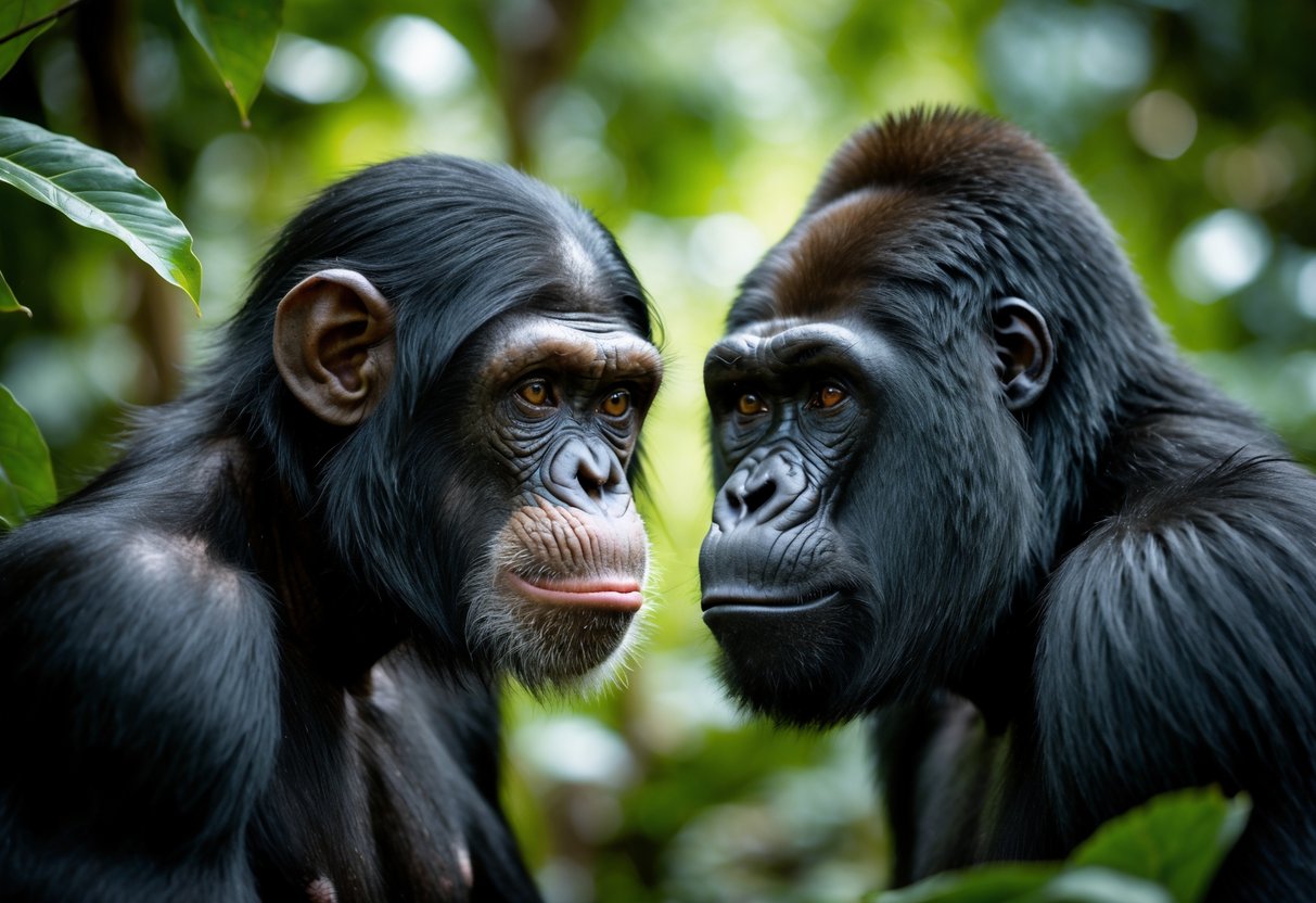 A chimpanzee and a gorilla facing each other closely in a jungle, both showing intense expressions.