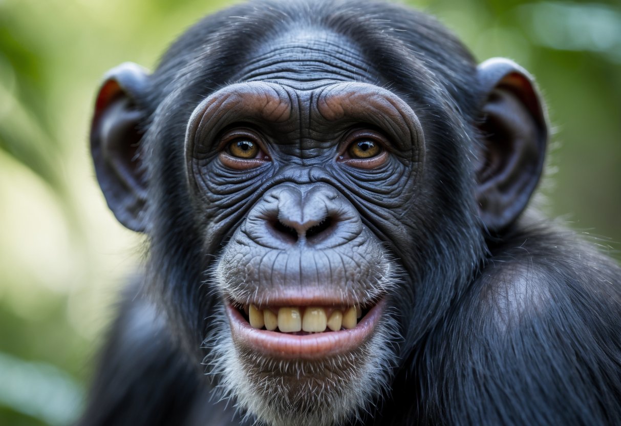 Close-up of a chimpanzee smiling gently and looking directly at the camera with a blurred green background.