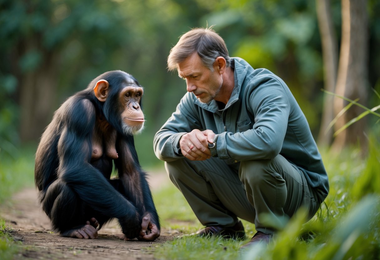 A chimpanzee sitting on the ground looking curious while a person stands nearby with a concerned expression in a green outdoor setting.