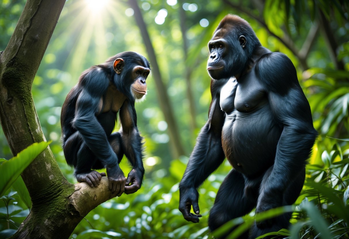 A chimpanzee and a gorilla facing each other in a dense forest surrounded by green trees and plants.