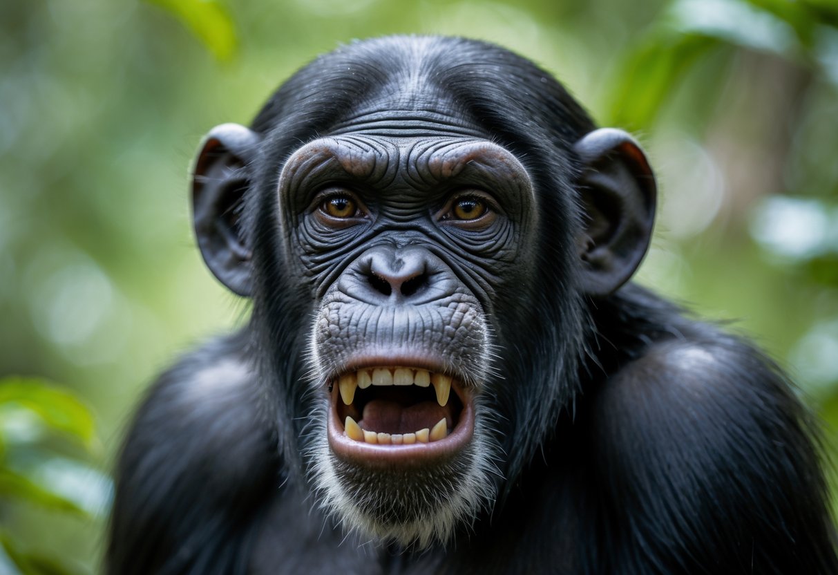 Close-up of a chimpanzee showing an angry facial expression in a forest setting.