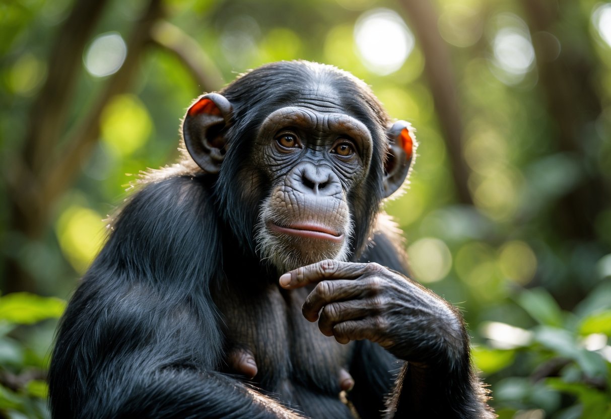 A chimpanzee sitting in a forest, looking thoughtfully with one hand near its face.