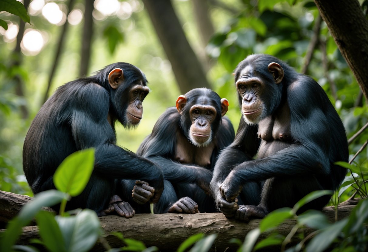 A group of chimpanzees interacting peacefully in a forest setting.