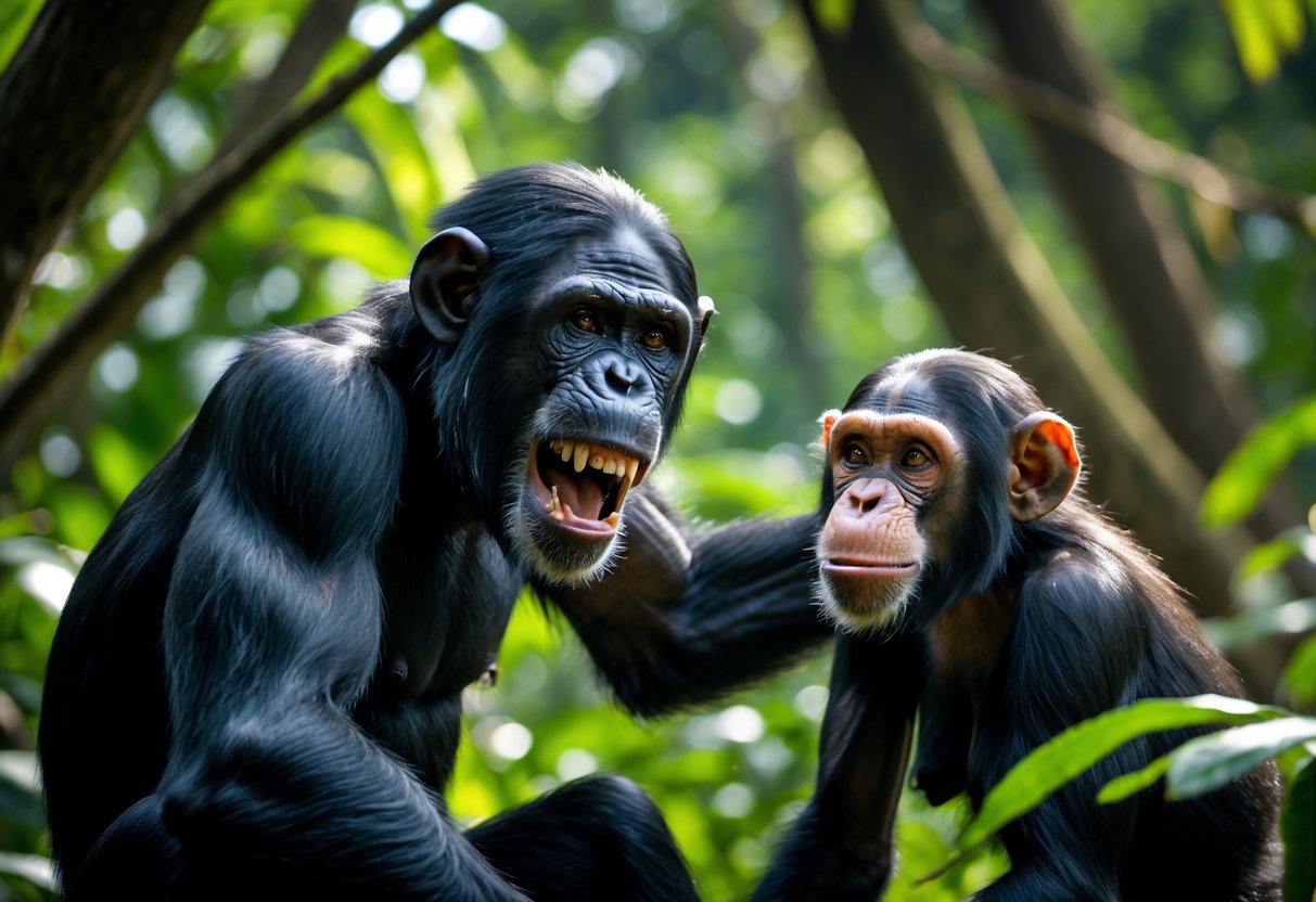 A male chimpanzee showing aggressive behavior toward a female chimpanzee in a jungle setting.