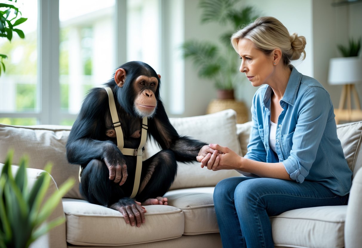 An adult human sitting on a sofa holding the hand of a calm chimpanzee in a bright living room.