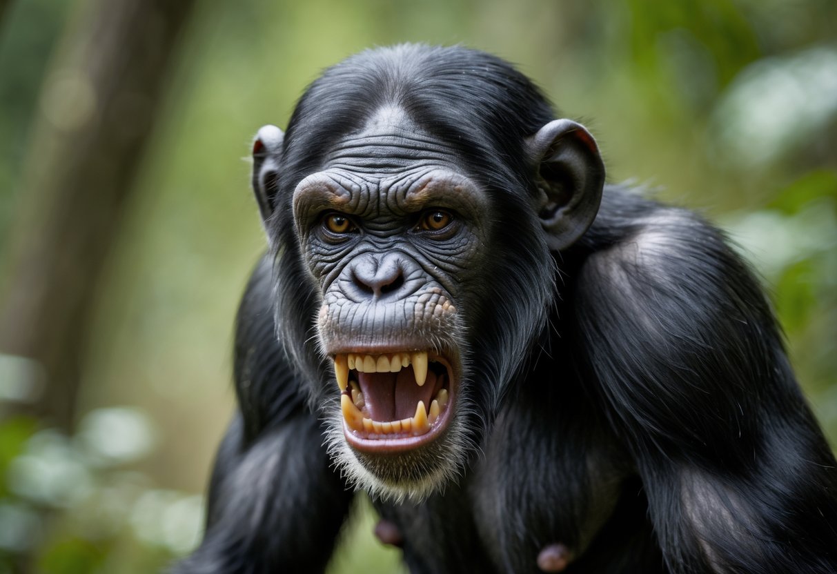 A chimpanzee showing an aggressive expression with bared teeth in a forest setting.