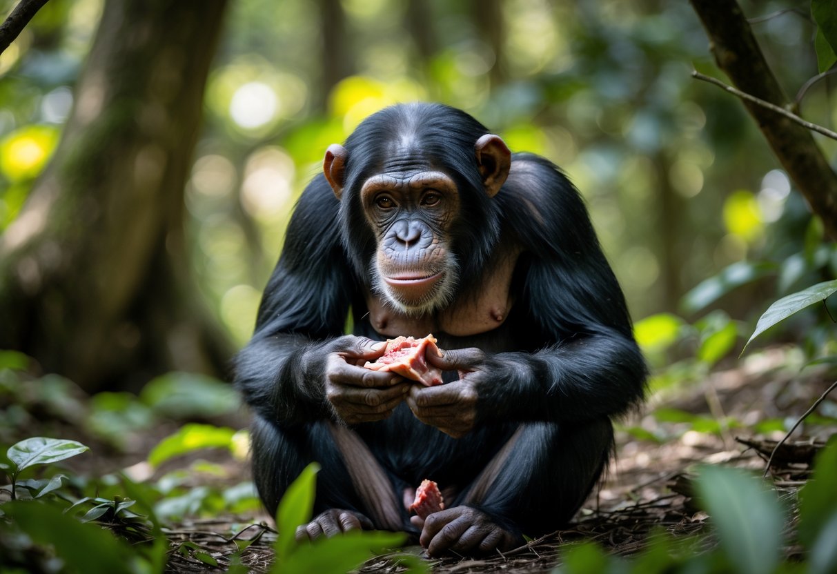A chimpanzee sitting in a forest holding and looking at a piece of raw meat.