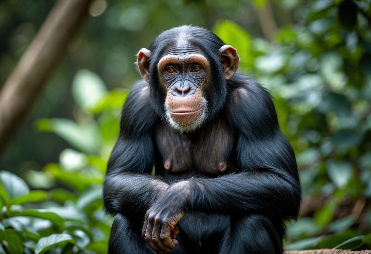 A chimpanzee sitting outdoors surrounded by green plants, looking thoughtfully at the camera.
