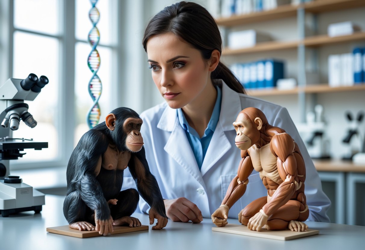 A female scientist in a lab coat studies anatomical models of a chimpanzee and a human in a laboratory setting.