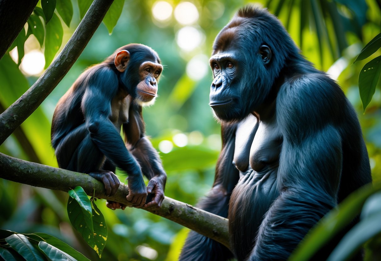 A chimpanzee on a tree branch faces a gorilla standing on the ground in a green jungle.