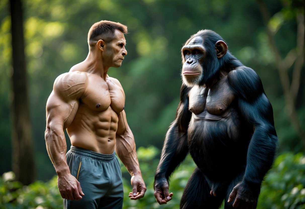 A muscular adult man and a large chimpanzee face each other in a forest setting, both showing strength and alertness.