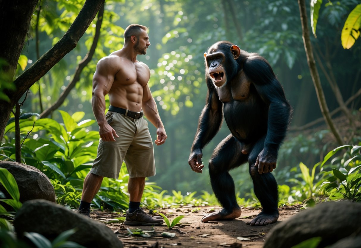 A muscular man and a large chimpanzee face each other in a jungle clearing, both showing intense and focused expressions.