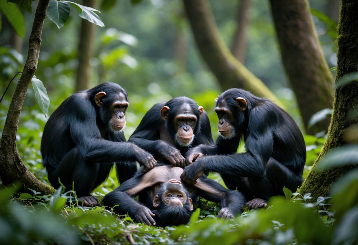 A group of chimpanzees gathered closely around a lifeless chimpanzee lying on the forest floor, showing gentle and attentive behavior.