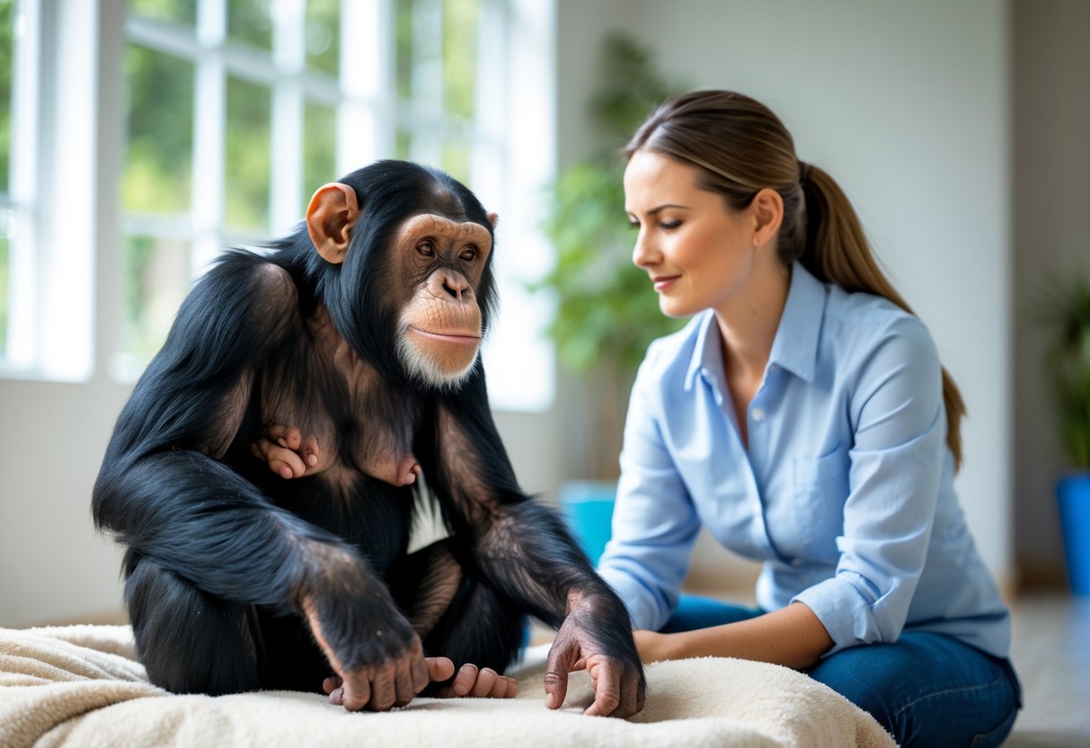 A chimpanzee sitting calmly indoors while a person watches it attentively in a clean, well-lit room.