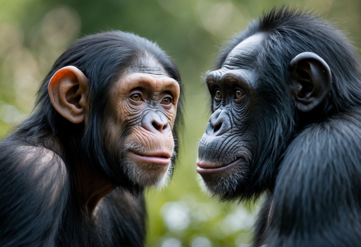 A woman smiling and making eye contact with a calm chimpanzee outdoors.