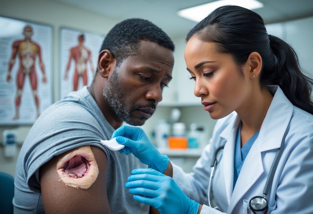 A doctor examines a man's fresh bite wound on his forearm in a medical clinic.
