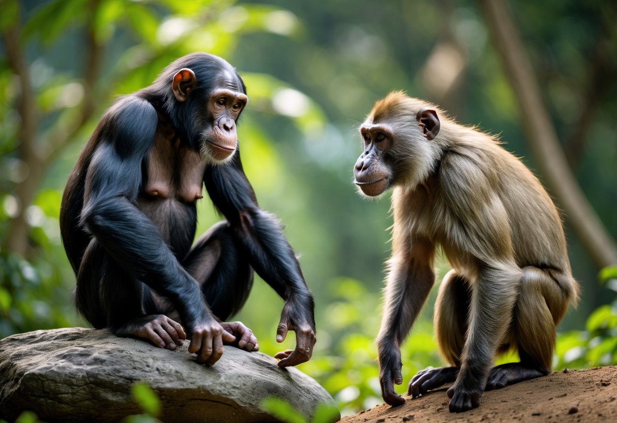 A chimpanzee and a baboon facing each other in a natural forest setting.