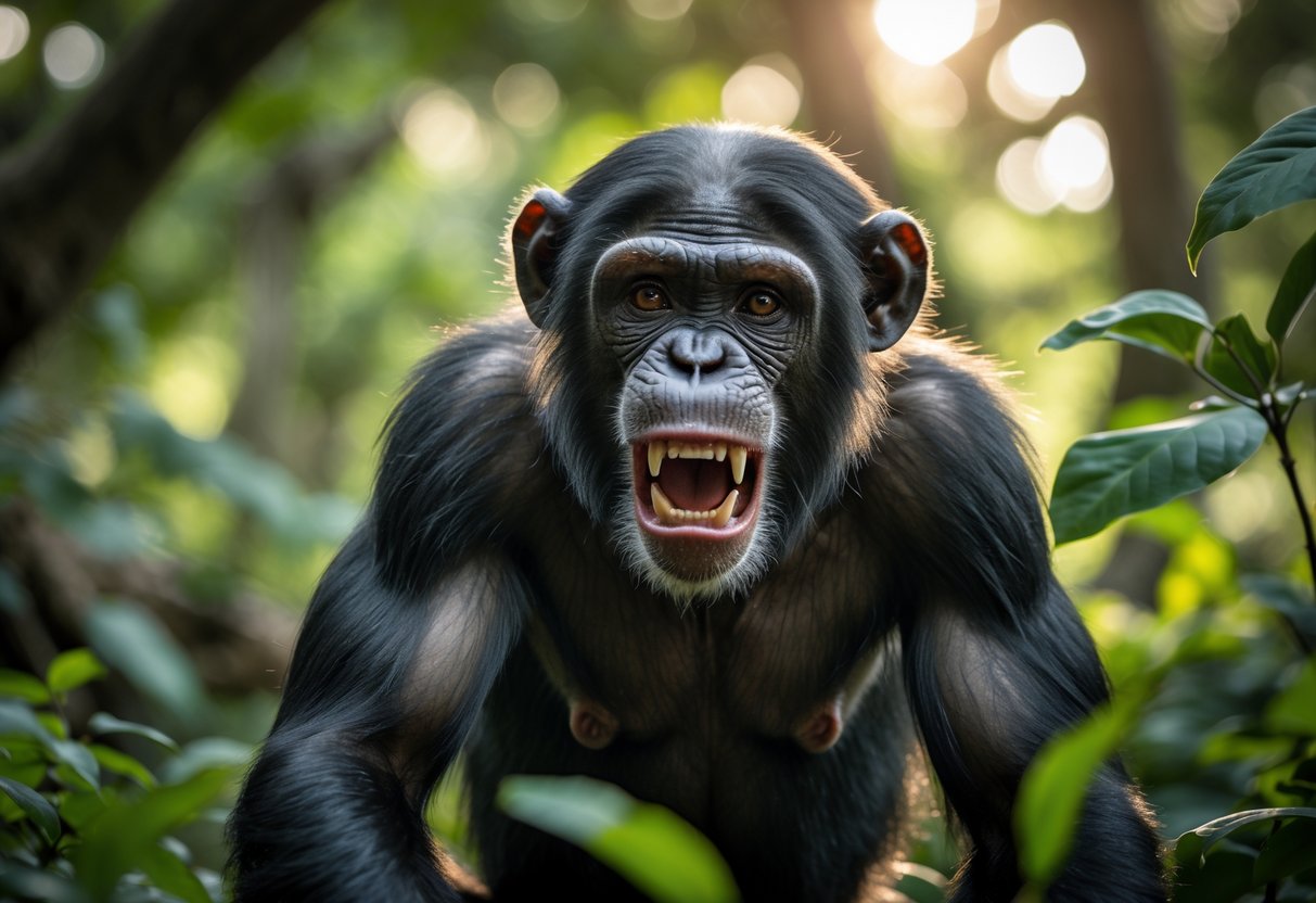 A wild chimpanzee in a forest showing an aggressive expression with its mouth open and teeth visible.