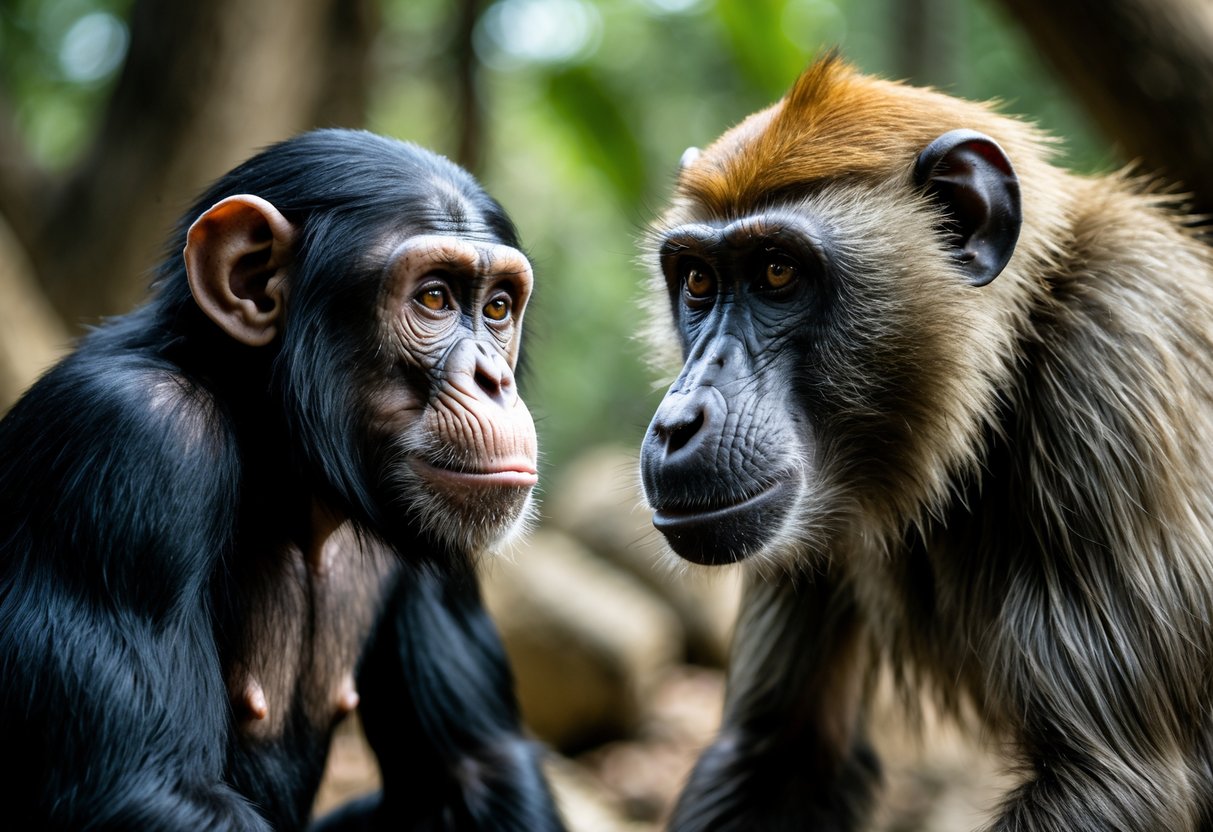 A chimpanzee and a baboon facing each other outdoors in a natural setting.