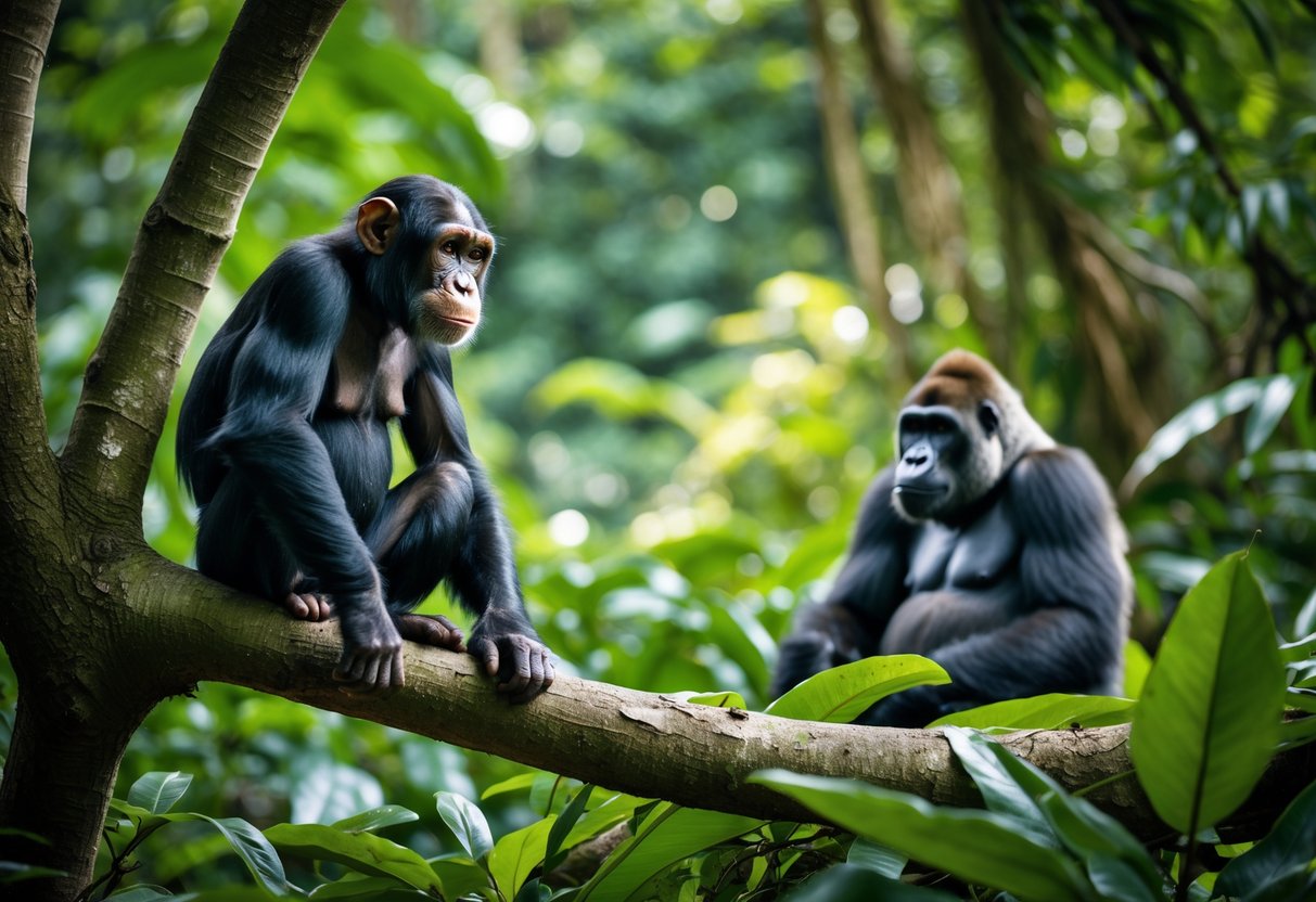 A chimpanzee sitting on a tree branch looking at a gorilla resting on the forest floor in a jungle.
