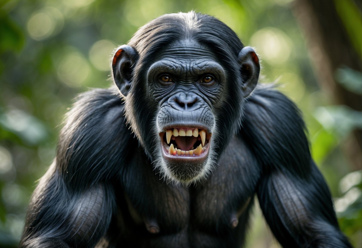 Close-up of an aggressive chimpanzee showing its teeth in a forest setting.