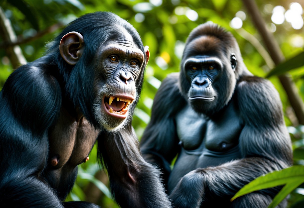A chimpanzee and a gorilla in a jungle setting, the chimpanzee looks tense and alert while the gorilla appears calm and relaxed.