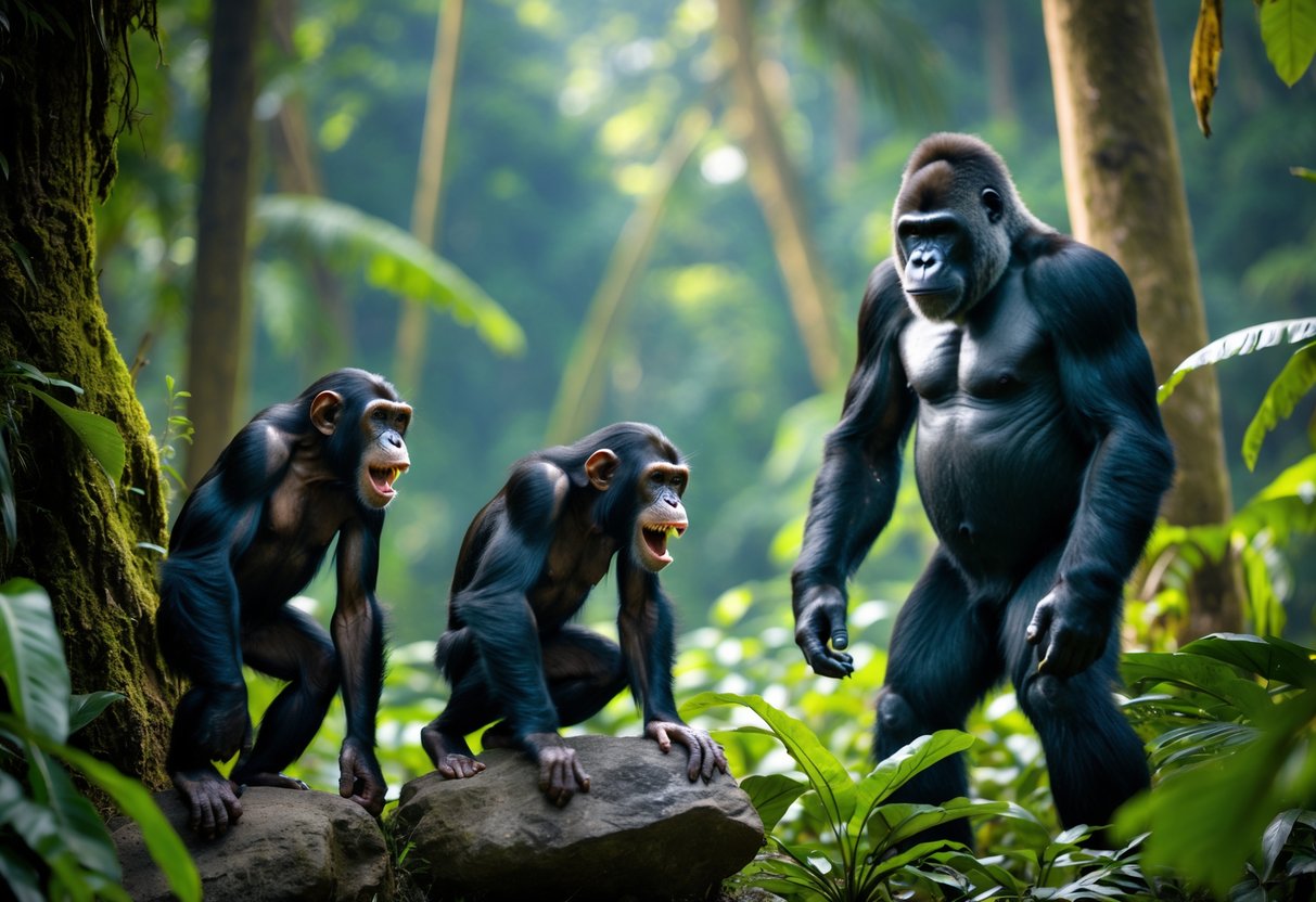 A group of chimpanzees showing aggressive behavior facing a silverback gorilla in a dense rainforest.