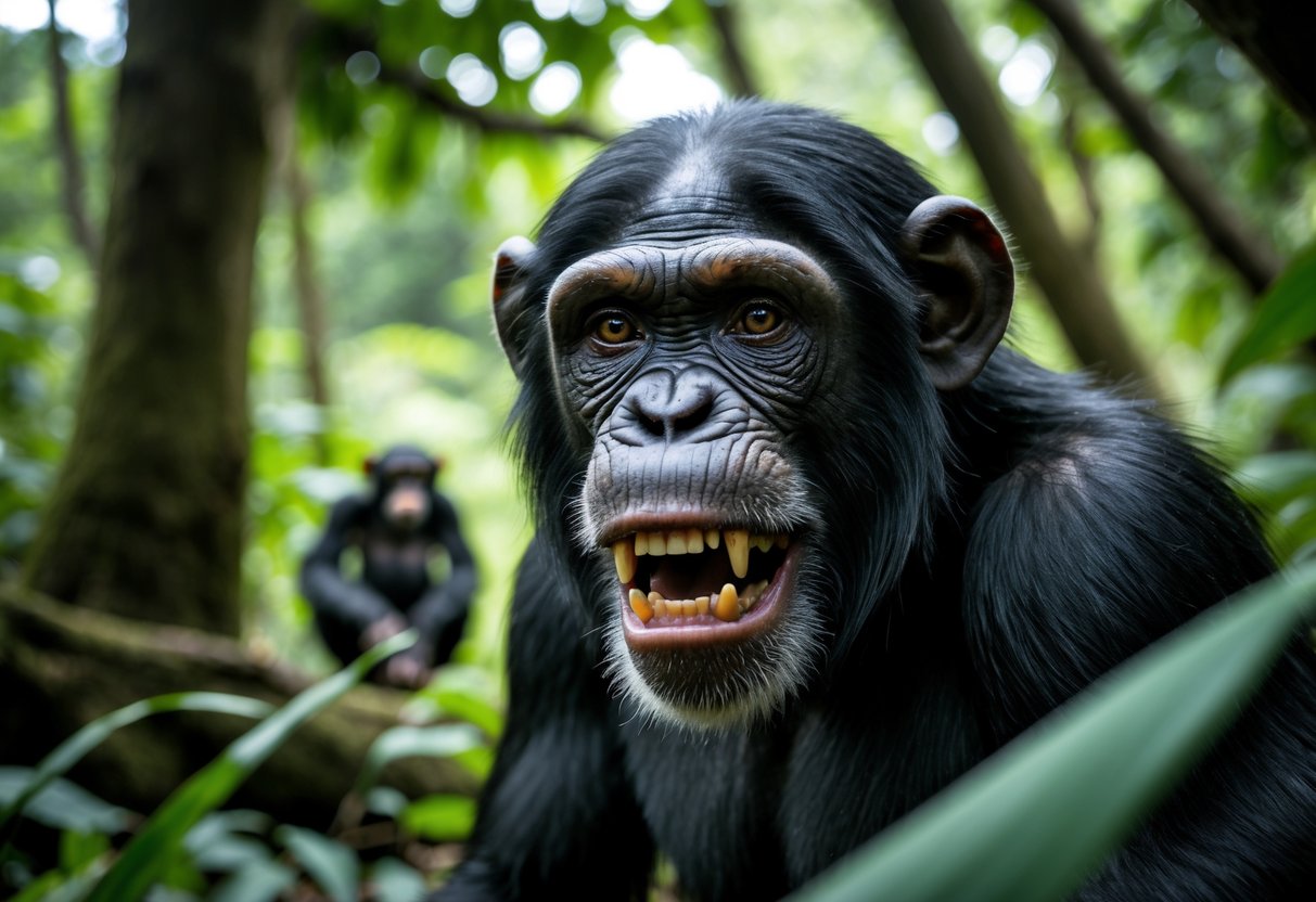 Close-up of an intense chimpanzee showing slight aggression in a green forest with another chimpanzee in the background.