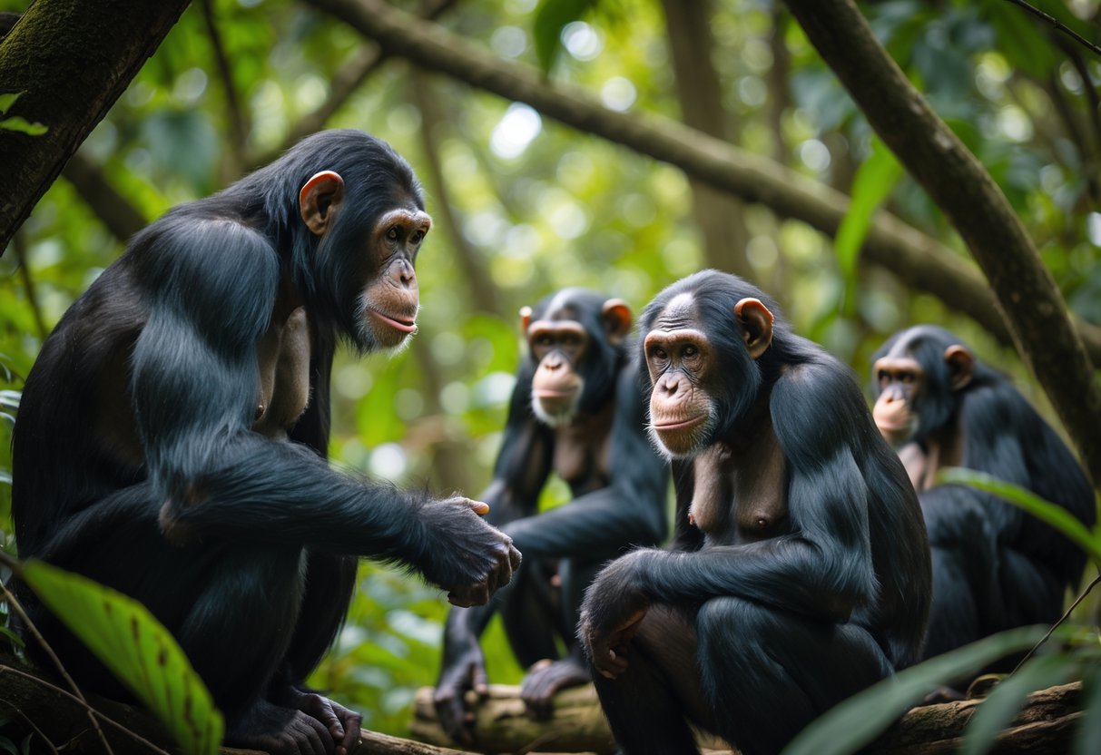A dominant male chimpanzee faces a female chimpanzee in a forest, showing a tense social interaction among a group of chimpanzees.