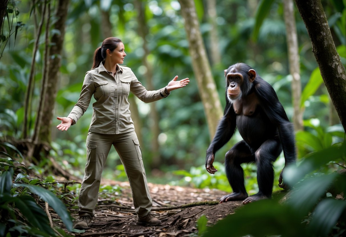 A person calmly facing a chimpanzee in a forest, using open hands to deter it at a safe distance.