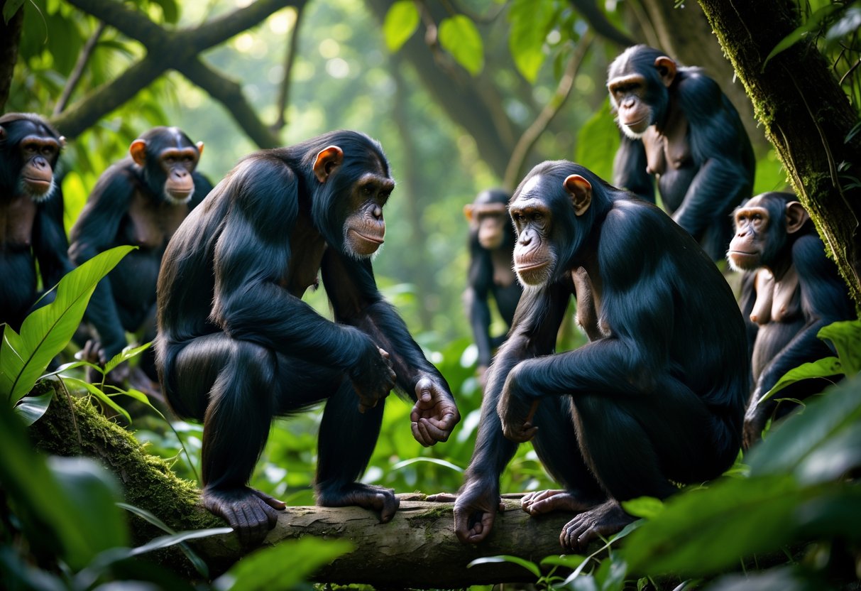 A male chimpanzee displaying assertive behavior toward a female chimpanzee in a forest setting while other chimpanzees watch nearby.