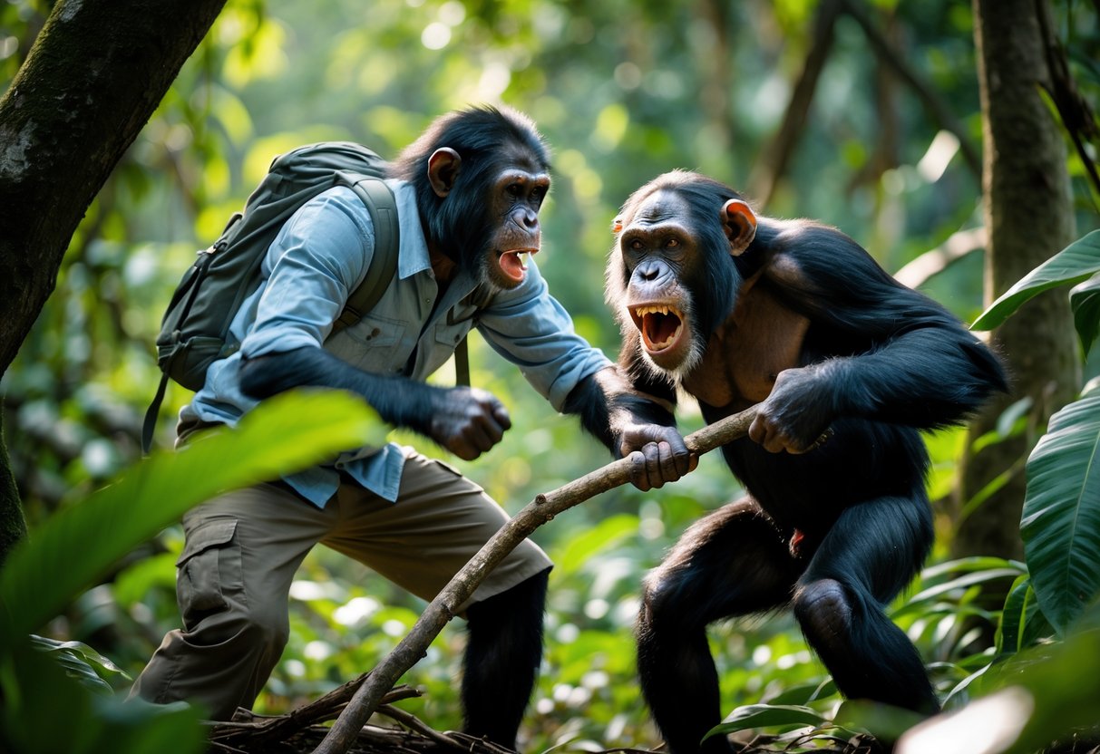 A person in the forest defending themselves against an aggressive chimpanzee.