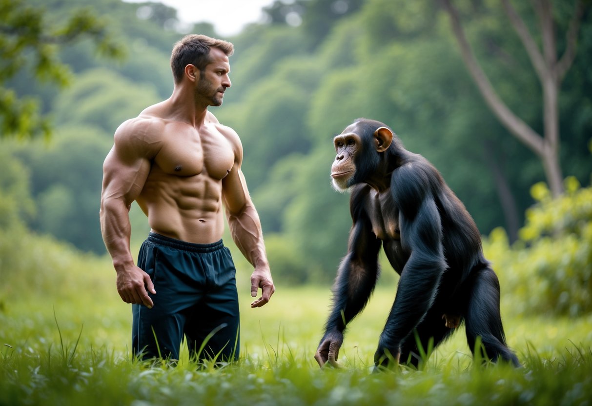 A muscular man and a chimpanzee facing each other outdoors in a forest setting.