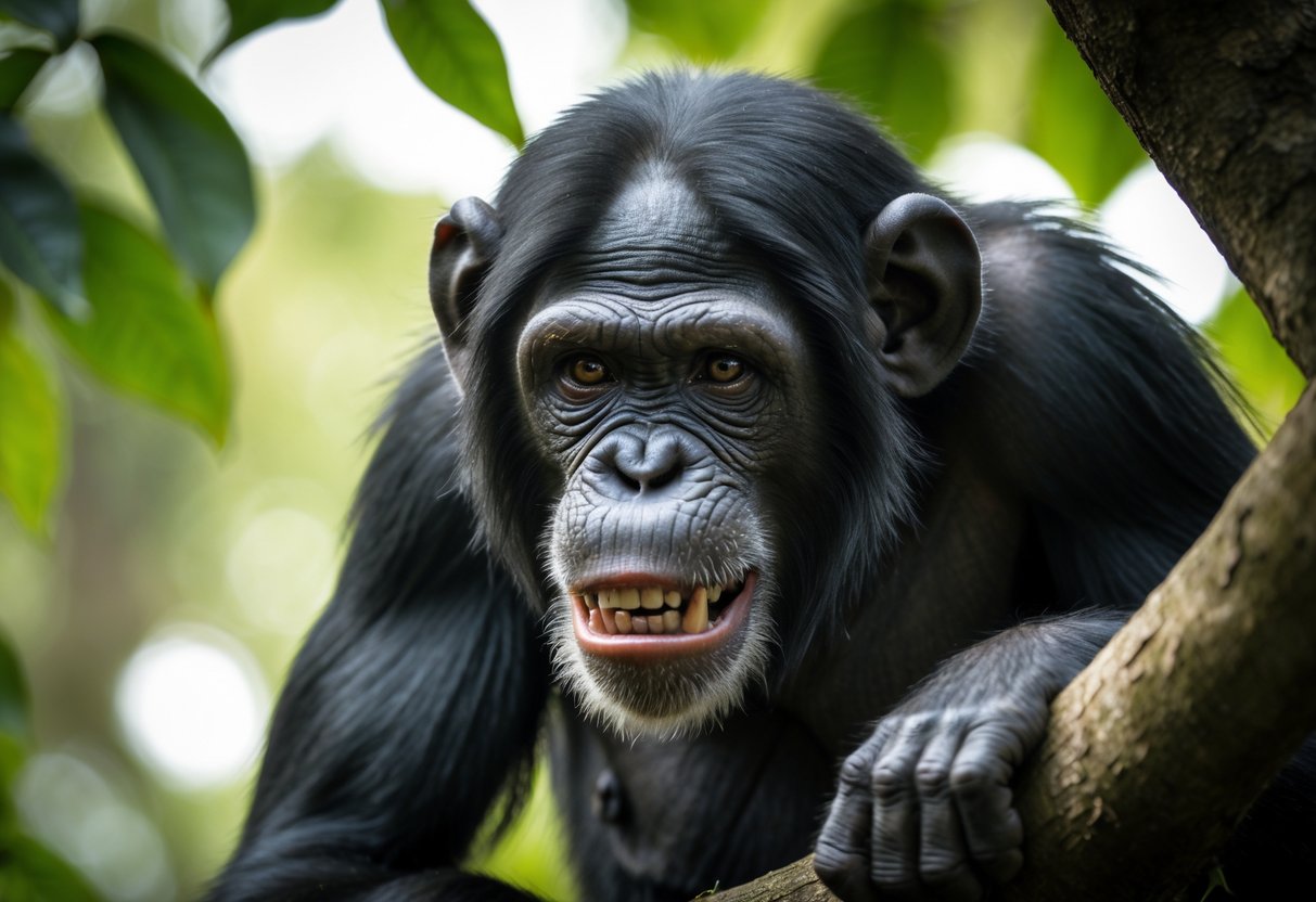 Close-up of a chimpanzee on a tree branch showing an intense expression with bared teeth surrounded by green leaves.