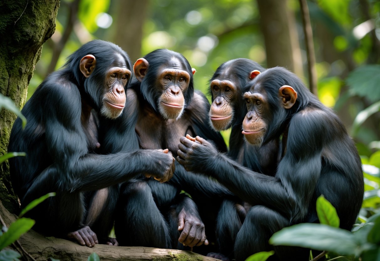 A group of female and male chimpanzees interacting closely in a green forest setting.