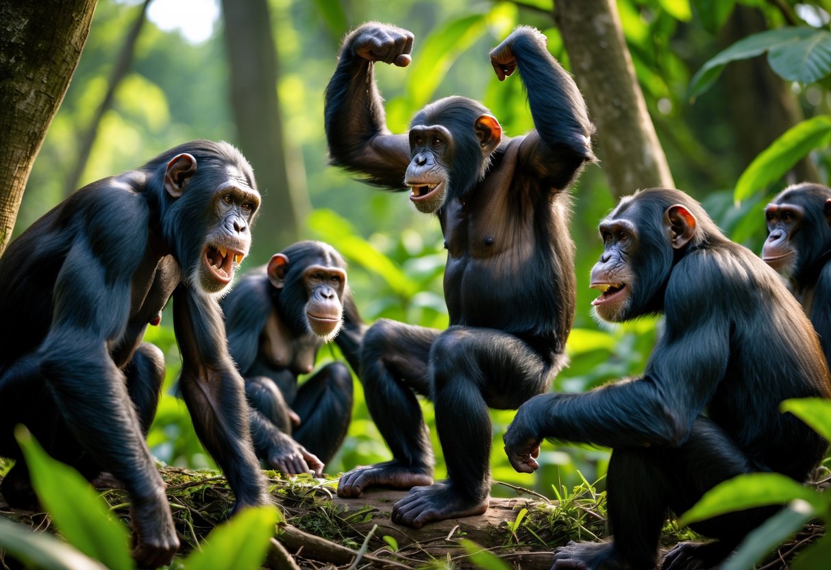 A group of chimpanzees in a forest showing aggressive and calm behaviors, including one male displaying aggression and others grooming or retreating.