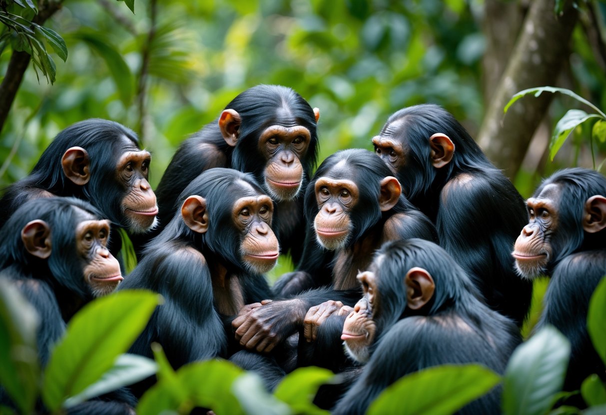 A group of female and male chimpanzees interacting closely in a forest setting.