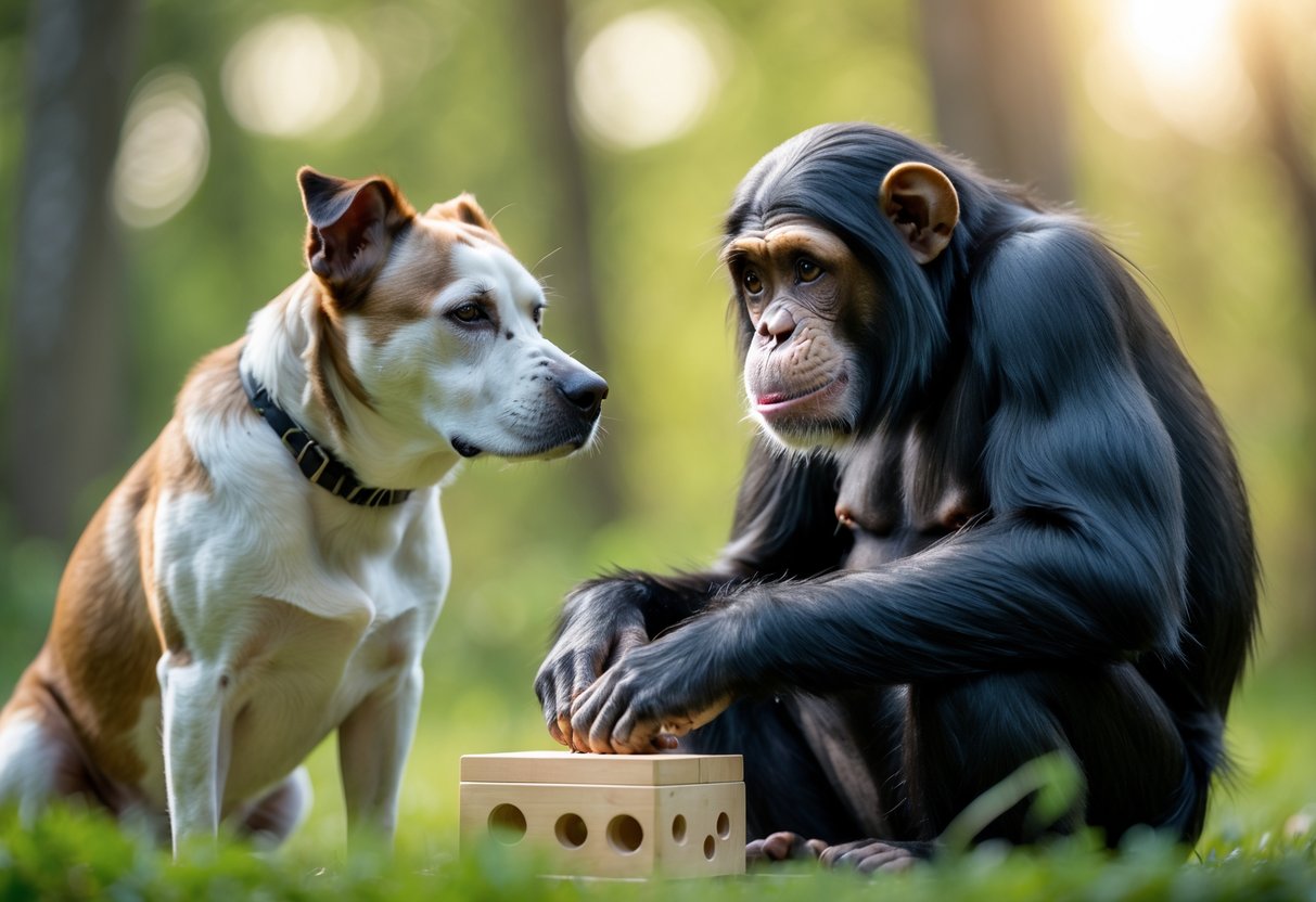 A chimpanzee and a dog sitting together outdoors, both looking at a puzzle toy between them.