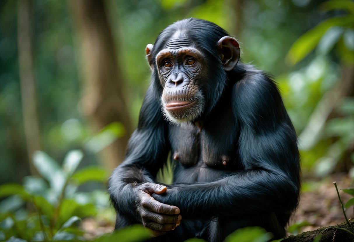 A chimpanzee sitting in a forest looking thoughtfully into the distance.