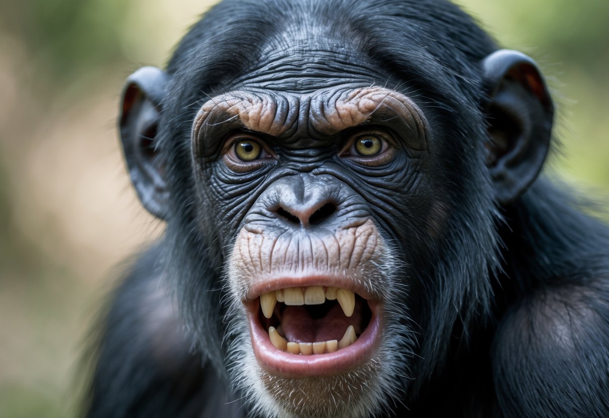 Close-up of a chimpanzee showing an angry facial expression outdoors.