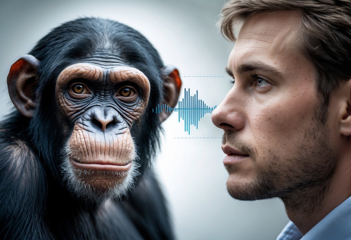 Close-up side-by-side view of a chimpanzee and a human face looking forward, with subtle abstract elements representing speech and communication between them.