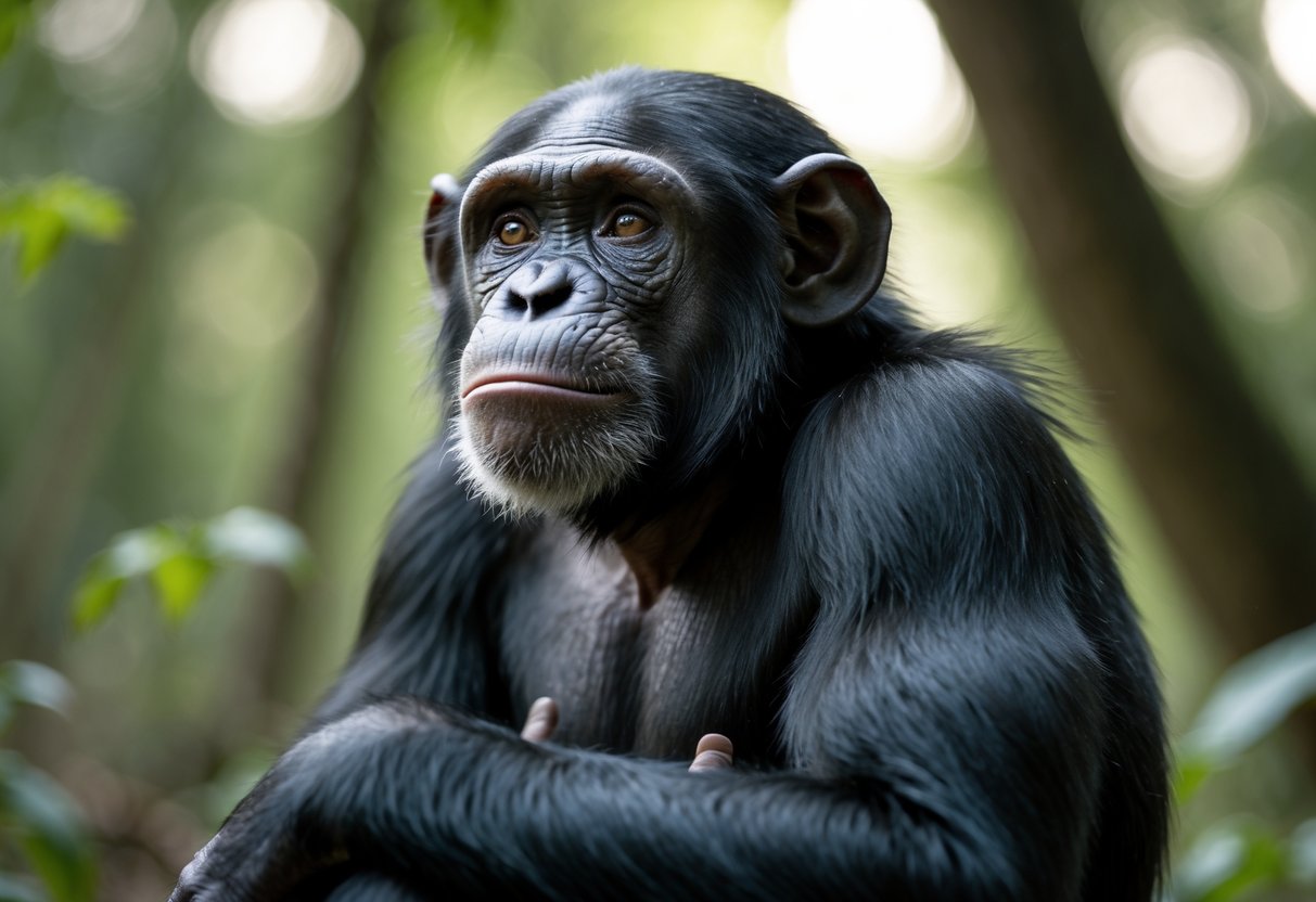 A close-up of a chimpanzee sitting in a forest, looking thoughtfully upward.