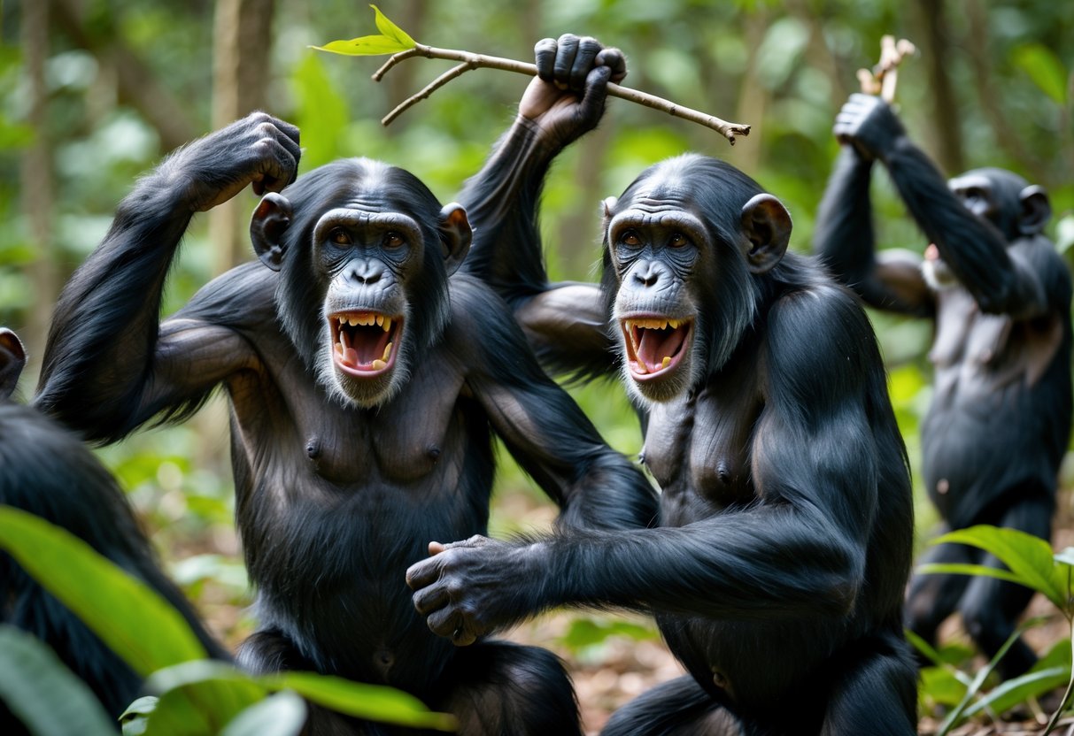 A group of chimpanzees in a forest showing aggressive and disruptive behaviors like baring teeth, hair pulling, and throwing objects.