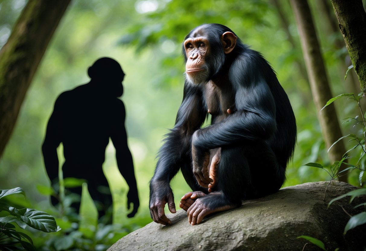 A chimpanzee sitting on a rock in a forest, looking into the distance with a faint human silhouette blended into the background.