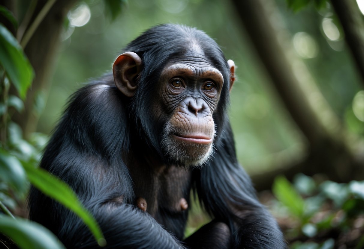 Close-up of a chimpanzee sitting quietly in a forest, showing a thoughtful expression.