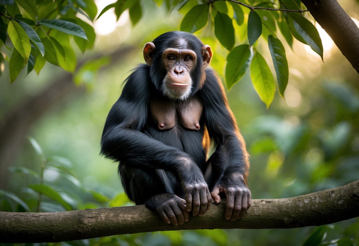 A chimpanzee sitting calmly on a tree branch in a forest, looking directly ahead.